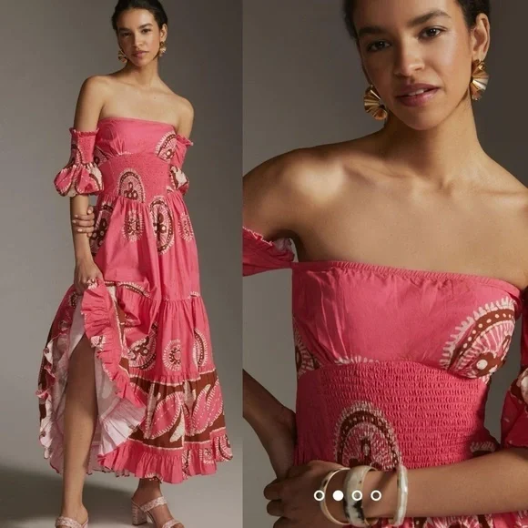 Anthropologie Love The Label Paisley Off the Shoulder Maxi Dress Pink size XS - Picture 13 of 13